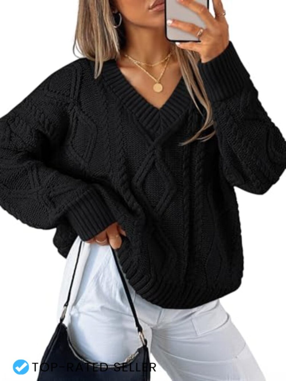 Cable Knit Long Sleeve Oversized V-Neck Pullover Sweater